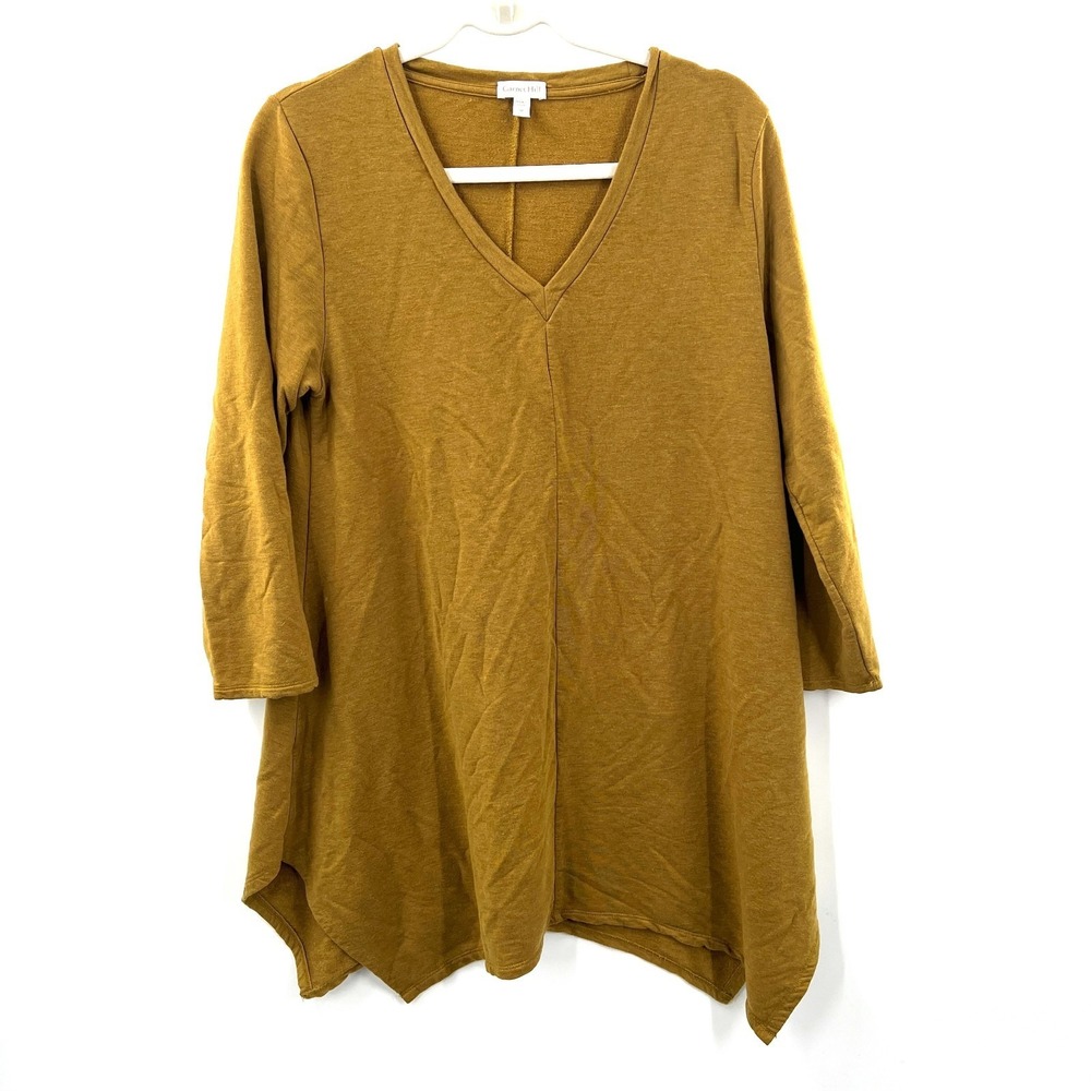 Garnet Hill Olive asymmetrical lagenlook classic casual Long Sleeve V-Neck Top M